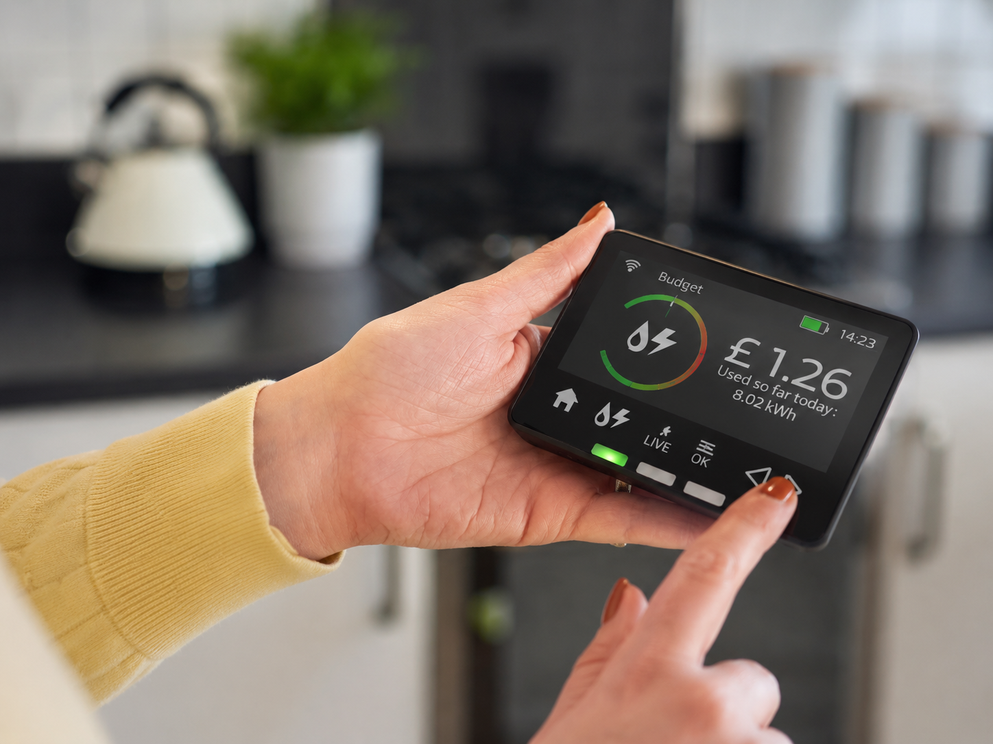 A smart in-home display showing energy usage and budget information