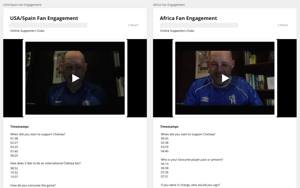 Recorded fan engagement interviews with supporters from the USA, Spain and Africa, with discussion timestamps