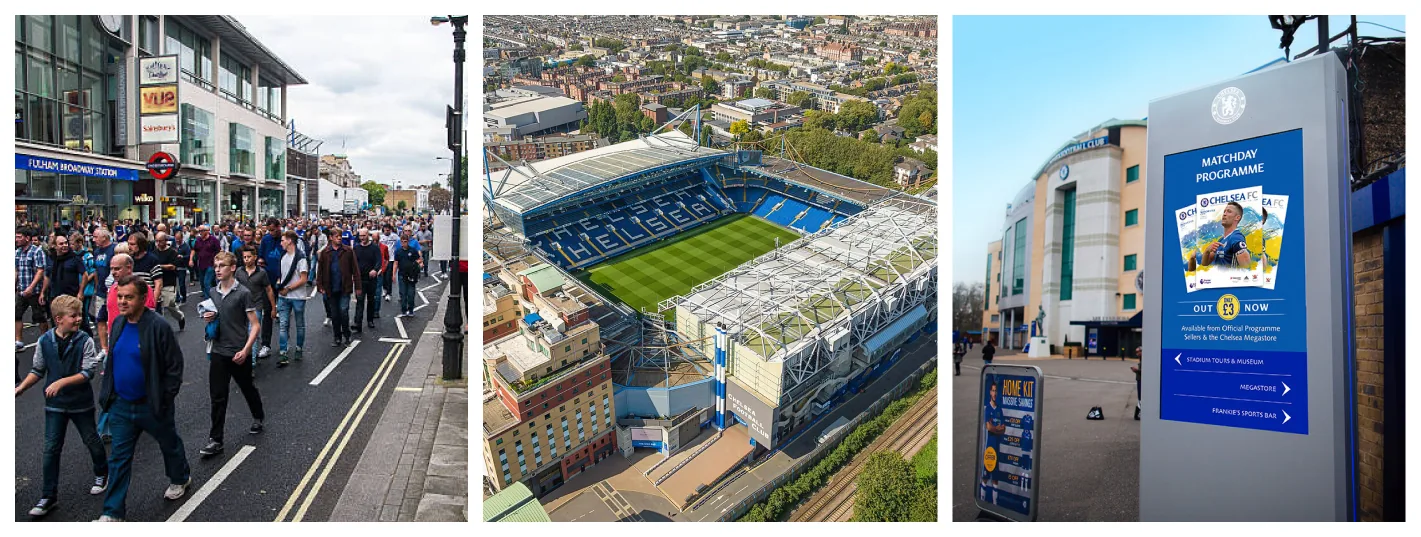 Chelsea FC supporters at Fulham Broadway, Stamford Bridge stadium and a matchday programme kiosk