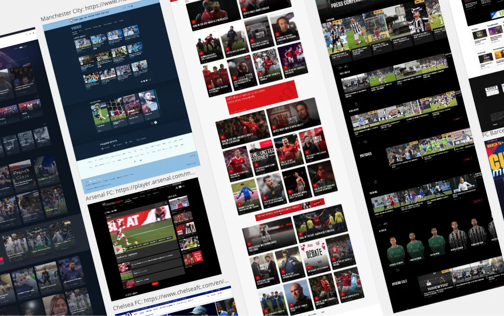 Snapshots of primary video pages from Chelsea FC's direct and indirect competitors