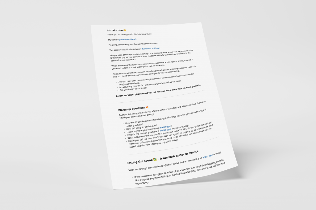 Customer interview discussion guide document
