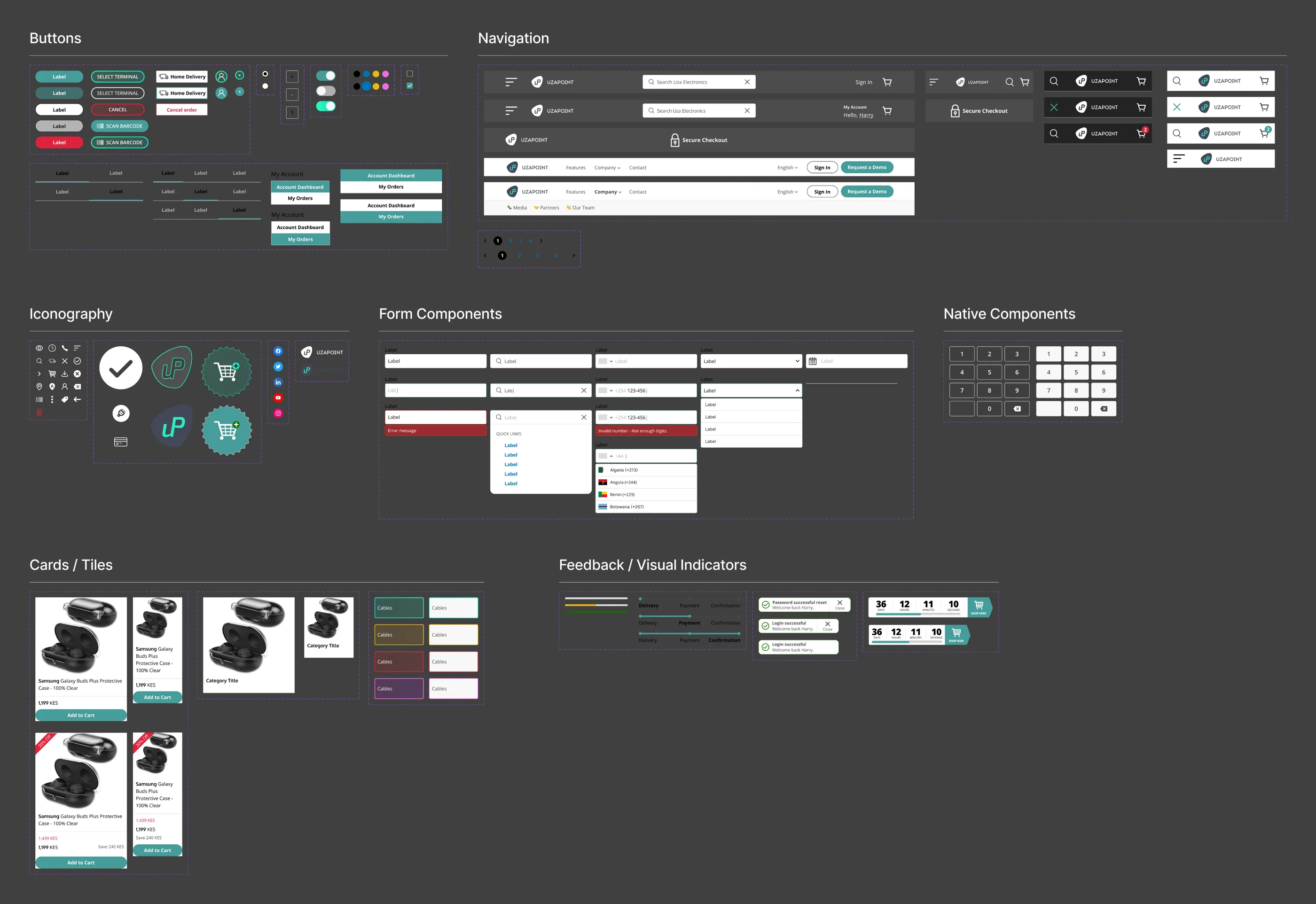 The Uzapoint component library showing buttons, cards, input fields and navigation menus