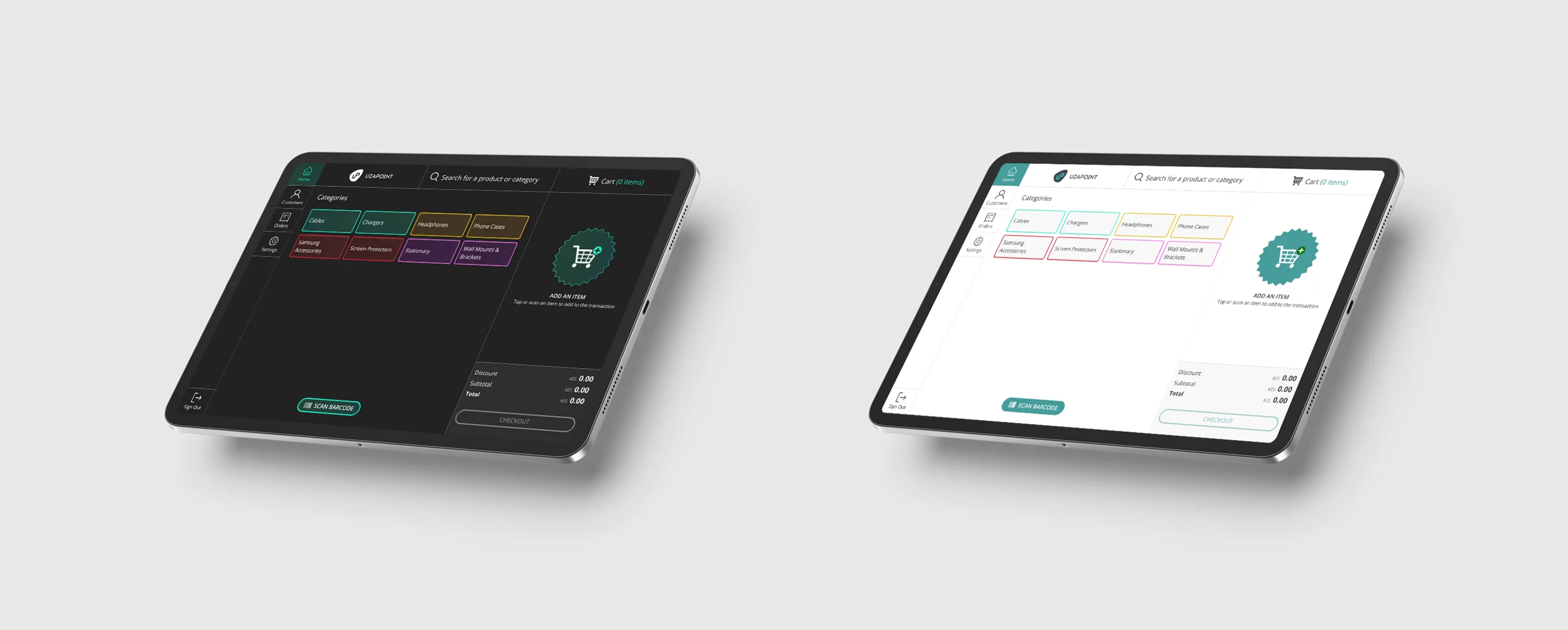 The redesigned Uzapoint ePOS software shown across tablet devices in light and dark modes