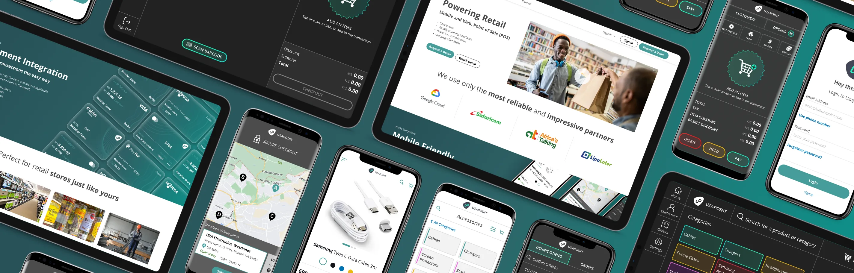 Uzapoint ePOS and e-commerce interfaces shown across tablet and mobile devices