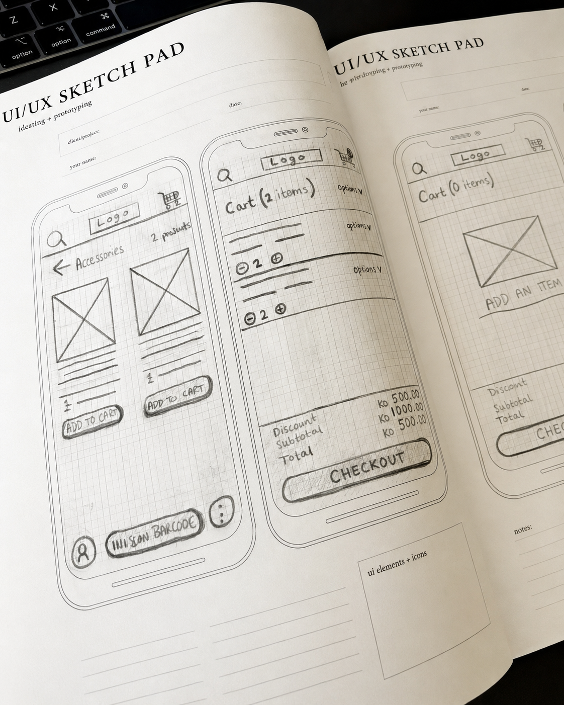 Hand-drawn wireframe sketches for POS and e-commerce screens on a UI/UX sketch pad