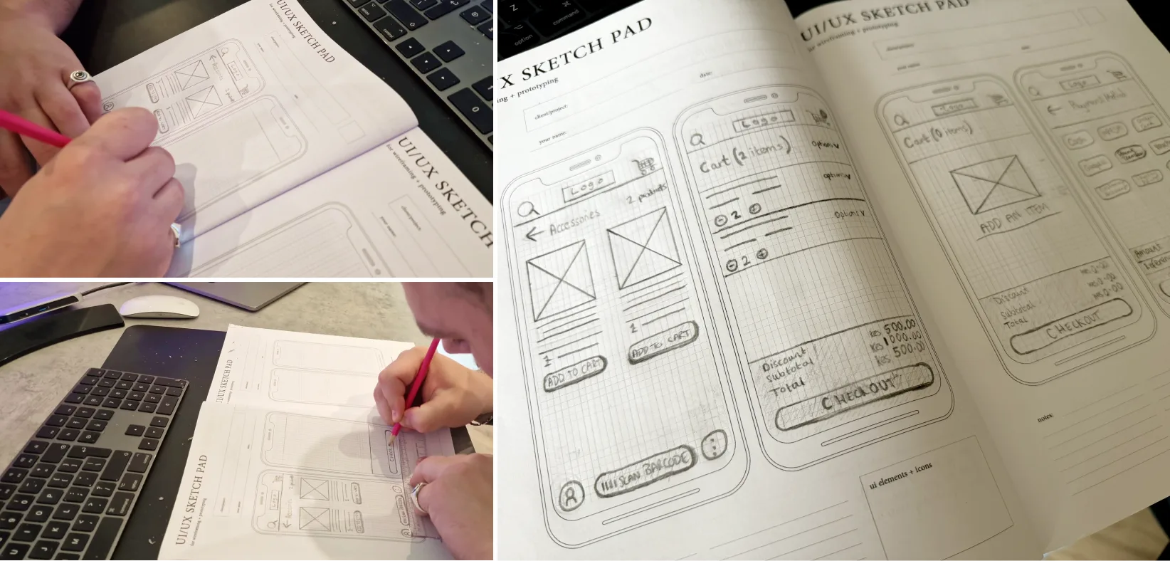 Hand-drawn sketches exploring POS, e-commerce, app and commercial site concepts